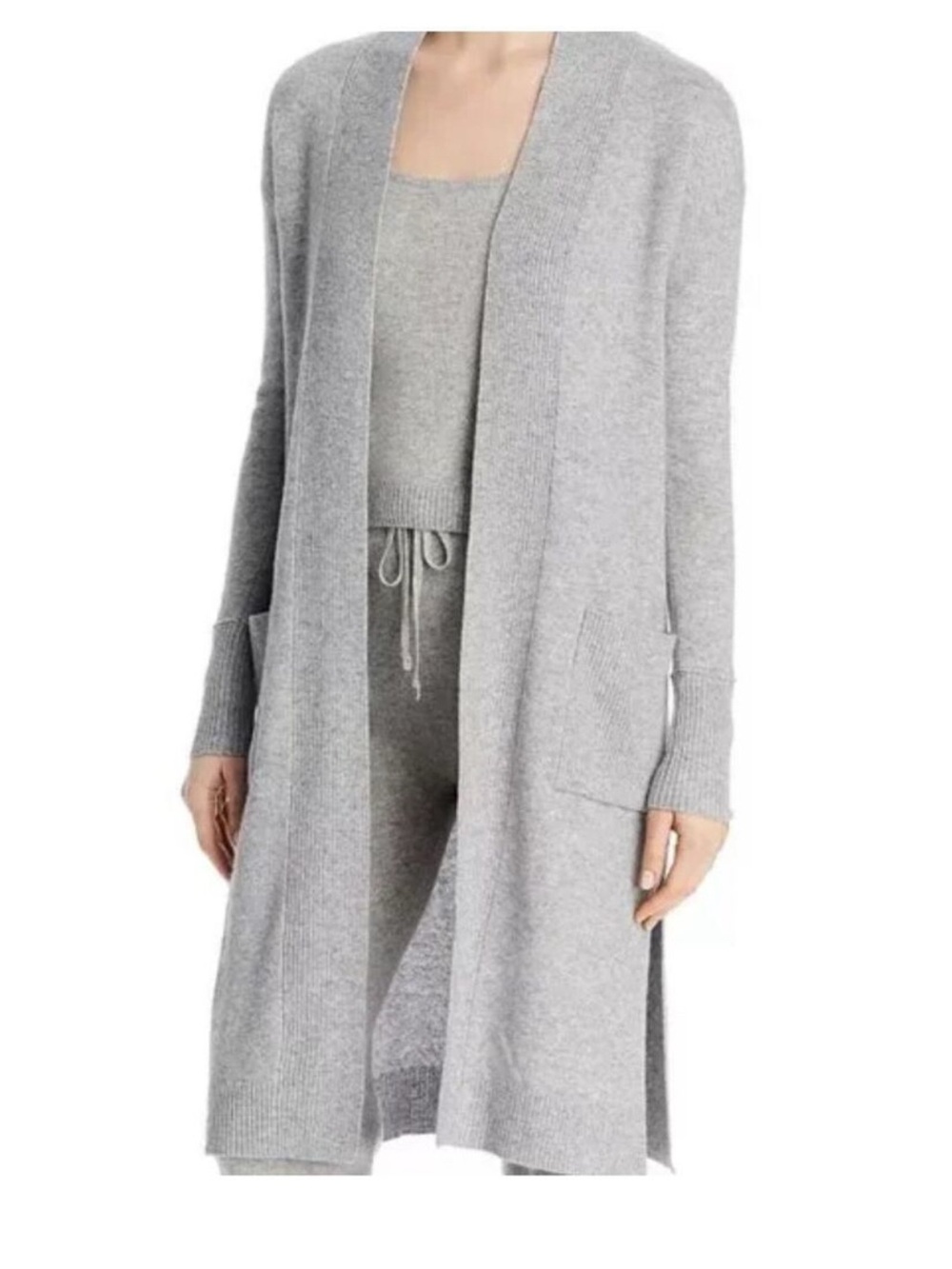 Aqua Light Gray Open-Front Knit Cardigan with‎ Ribbed Patch Pockets